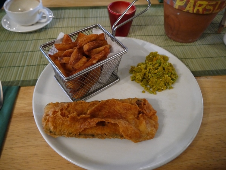 Vegan Fish, Chips Mushy Peas At Samphire Brasserie, Plymouth