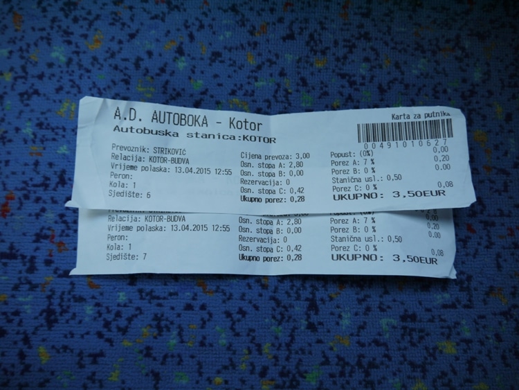 Our Tickets For The Kotor To Budva Bus, Montenegro