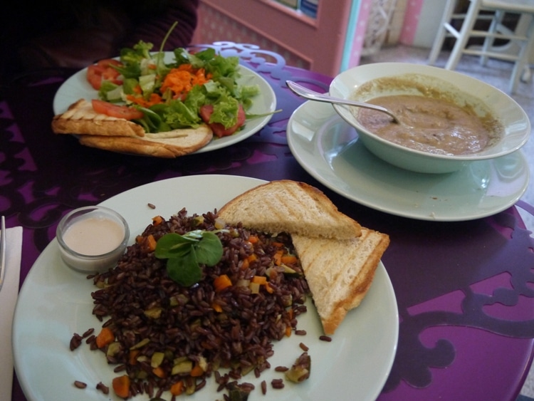 Red Rice With Vegetables, Been & Cauliflower Soup And Green Salad at Zoe Market & Food, Trieste, Italy