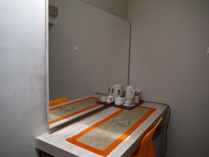 Large Table With Kettle,Teapot, Cups, Sugar - Fridge Underneath Large Table With Kettle,Teapot, Cups, Sugar - Fridge Underneath