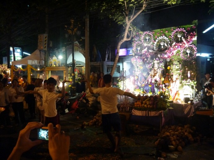 Two Men Dancing At Navaratri Hindu Shrine