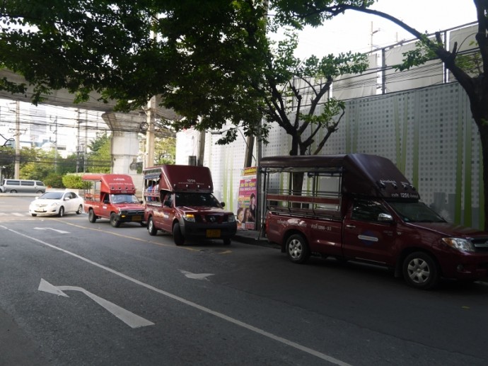 Songthaews Waiting At Sathorn Soi 11 Songthaews Waiting At Sathorn Soi 11