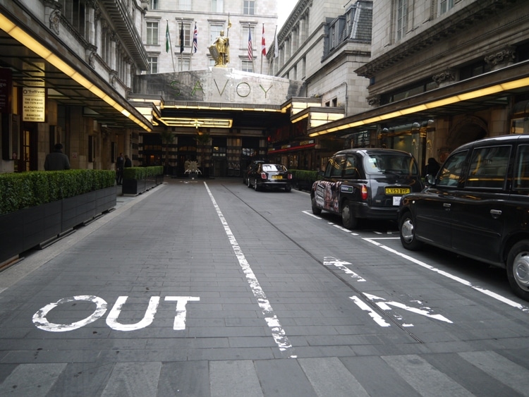Driving On The Right At The Savoy Hotel, London