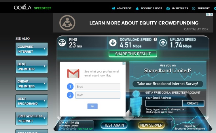 Internet Speed Test At Travelodge, Farringdon, London