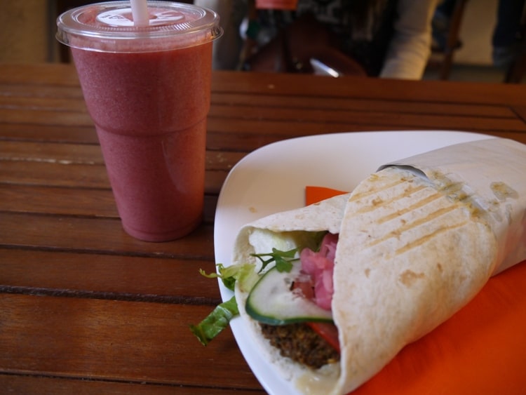 Banana & Strawberry Smoothie And Falafel Wrap At Bobencek, Ljubljana, Slovenia